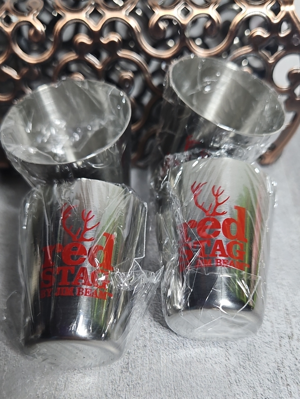 4 RED STAG METAL SHOT GLASSES FACTORY SEALED